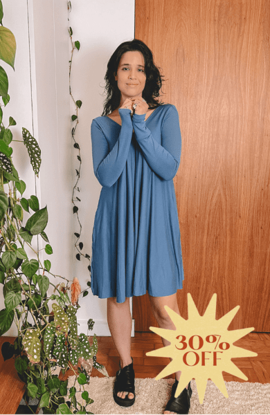 VESTIDO MINI AMPLO MANGA LONGA AZUL CELESTE